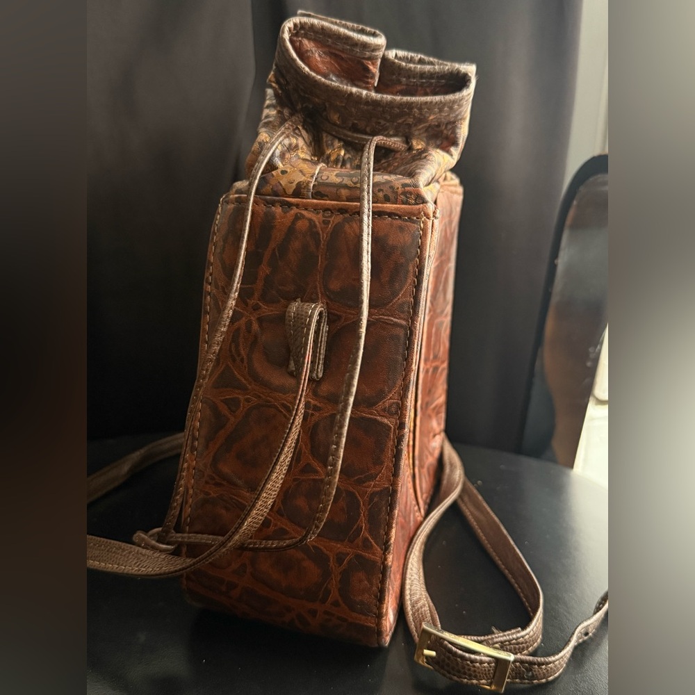 80s Brown Leather Box Bag Reptile Embossed Marble Ruched Drawstring Crossbody - Picture 5 of 8